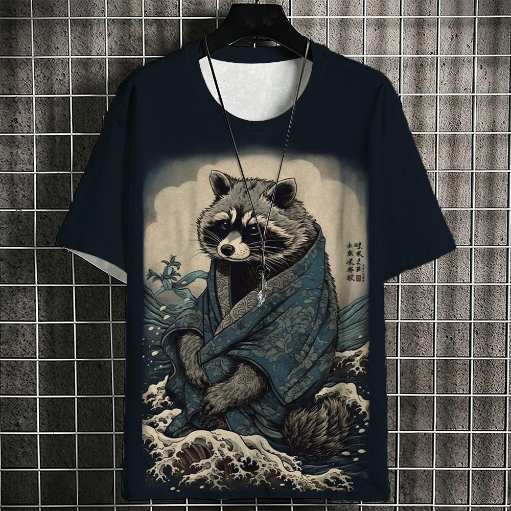 Japanisches Samurai-Katzen-Herren-T-Shirt, Sommermode, kurzärmlig, 3D-Druck, Cartoon-Herrenbekleidung, Anime-T-Shirt für Männer, Tops, T-Shirt
