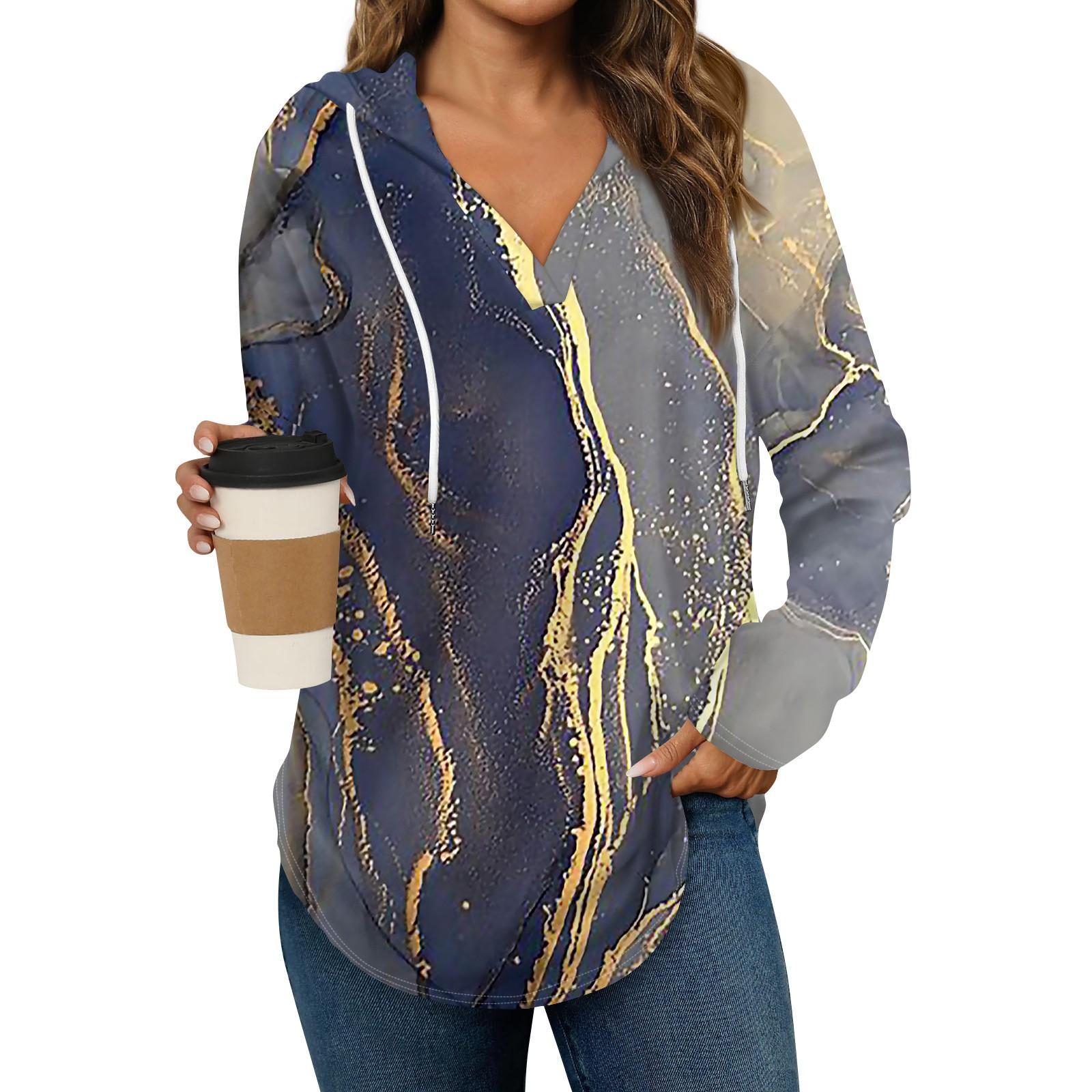 

Женские модные толстовки с капюшоном V-образным вырезом с длинным рукавом и цветочным принтом на шнурке, повседневные свободные пуловеры XL