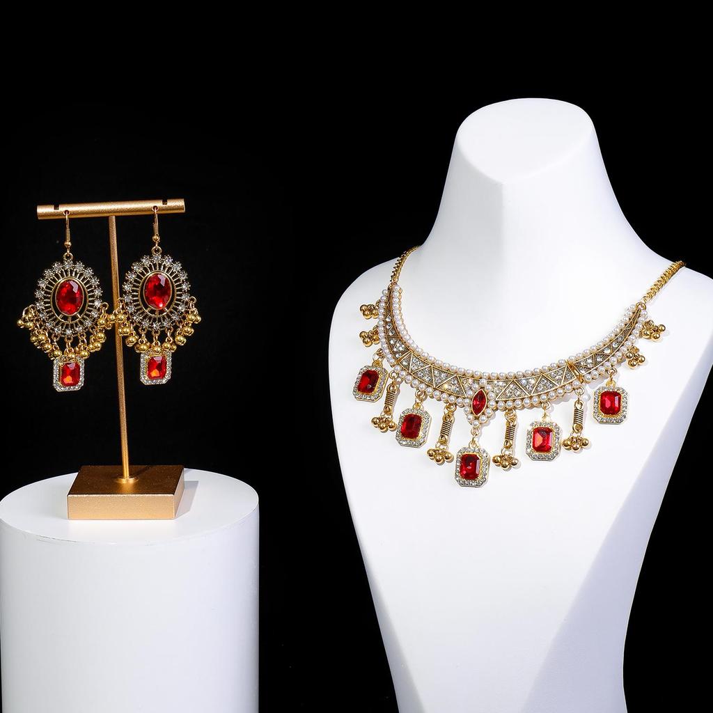 Retro Indian-Style Rhinestone Necklace & Earring Set with Tassel Clavicle Chain