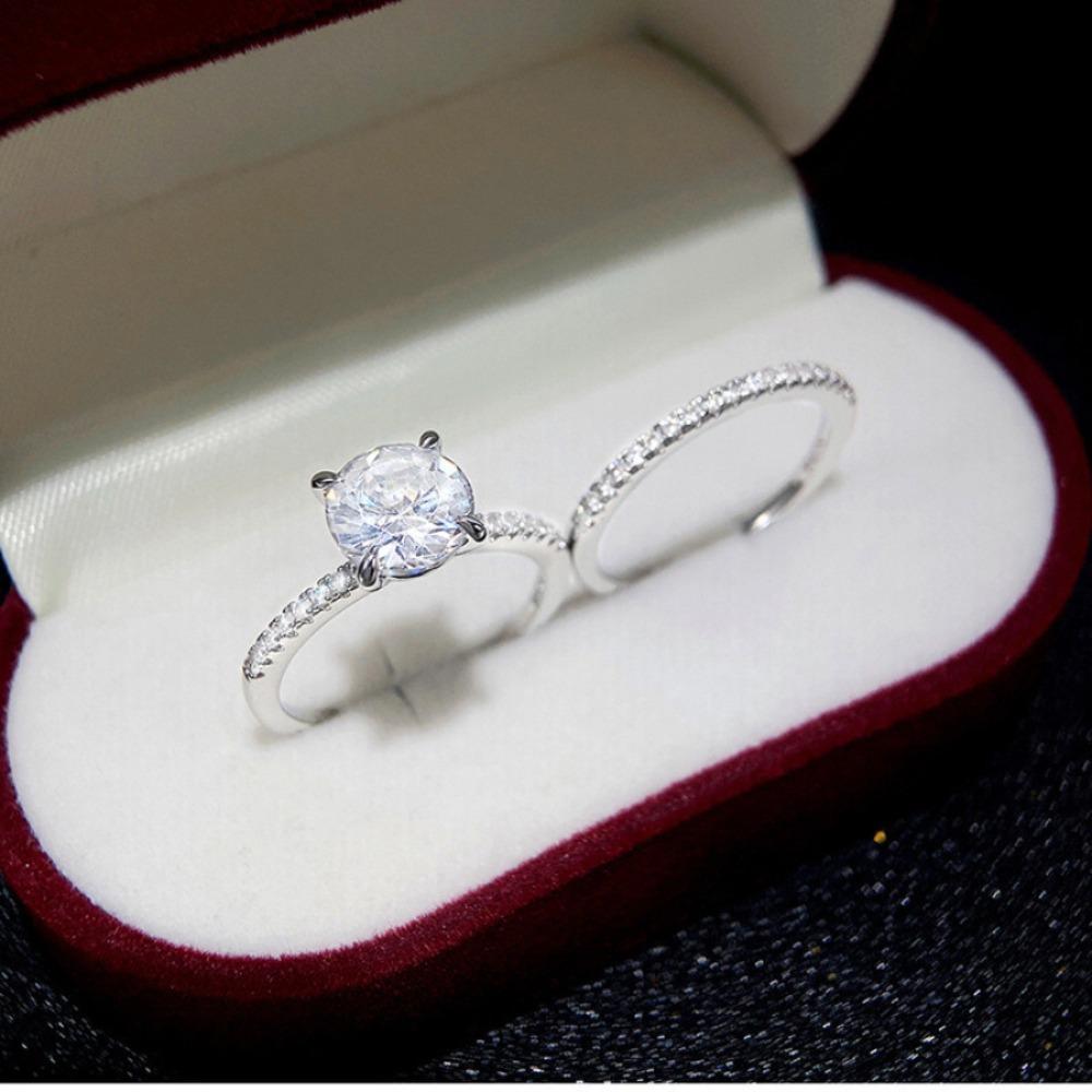 2pcs Set Classic Trendy Four Claws Double Layer Fold Wear Zircon Rings for Women Luxury Crystal Bride Wending Jewelry Set Gifts