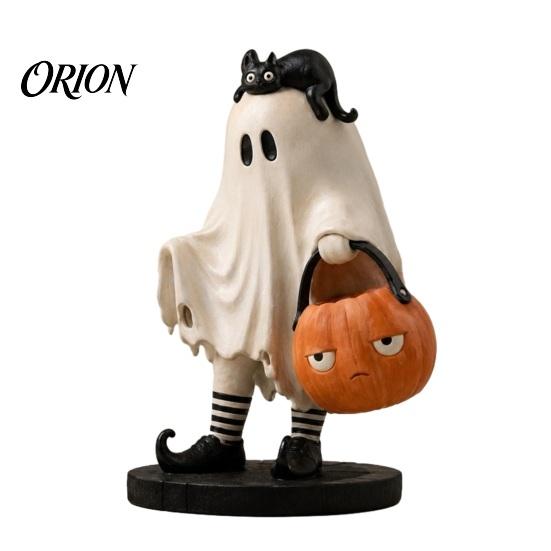 Halloween Resin Ornament Cute Ghost Statue, Black Cat Holding Pumpkin Bucket Ornament, Whimsical Home Accessories Figurine for Holiday Party