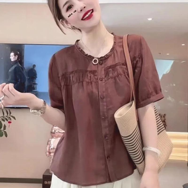 

Свежая футболка из чистого хлопка с круглым вырезом и грибным кружевом, летняя новинка, однотонная, с рукавом три четверти, свободная и тонкая M