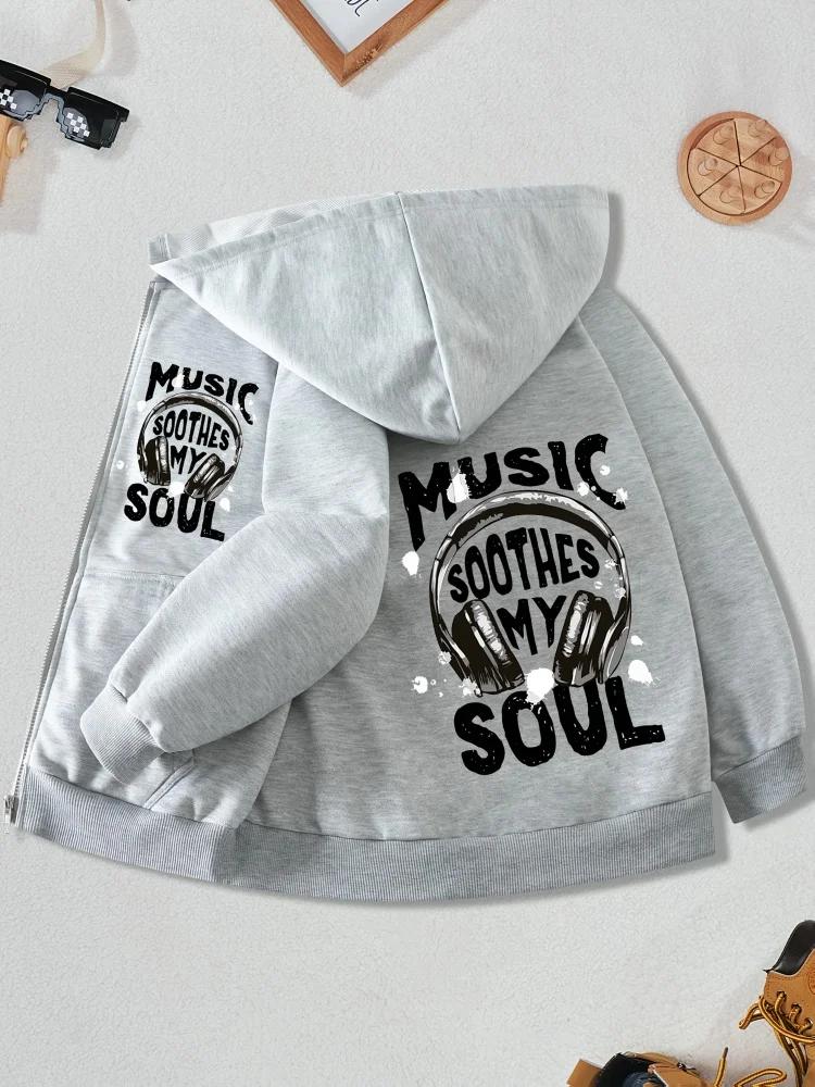 Kids Zip Up Hooded Jacket Headphones Music Soothes My Soul Letter Graphic Long Sleeve Casual Hoodie For Boys Girls Daily Street
