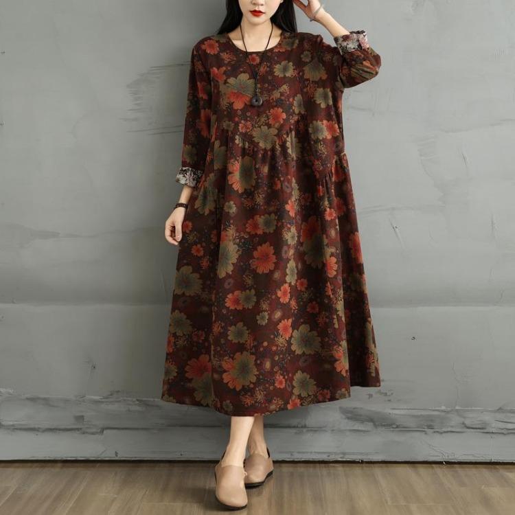 Spring Maxi Floral Dress New Vintage Long Sleeve O Neck Loose Casual Plus Size Women