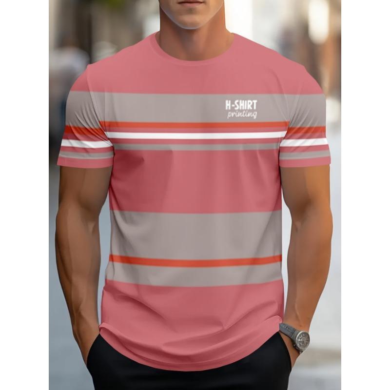 Herren Casual Gestreiftes T-Shirt mit Digitaldruck 3D Rundhals Kurzarm Perfekte Sommer- & Freizeitkleidung