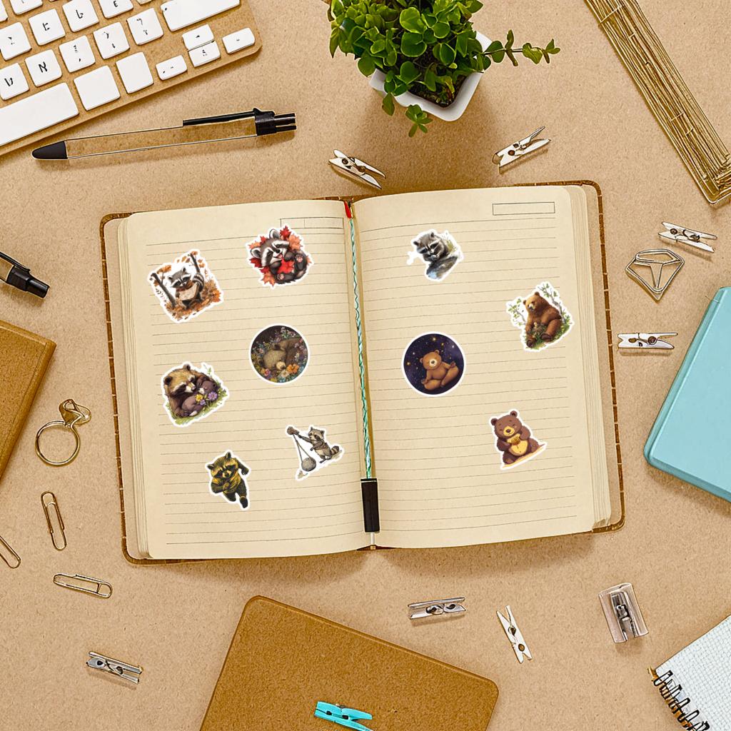 35-200pcs Dorable Raccoon Bear Stickers Cute Childrens Stationery Sticker Teacher Reward Aesthetic Decal Diy Luggage Laptop