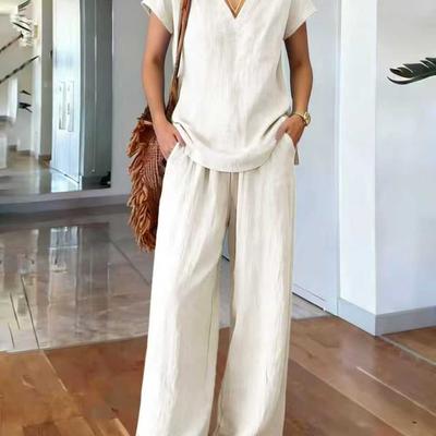 Conjunto de Dos Piezas para Mujer con Cuello en V, Manga Corta, Top Holgado, Pantalones de Pierna Ancha, Atuendo Casual de Verano para Estar en Casa con Bolsillos