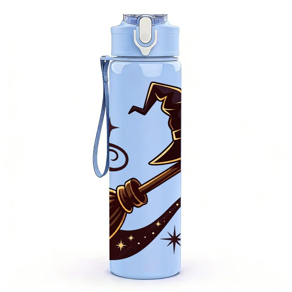 1PC Vintage Flying Witch Broom Hat Print 750ml Color Plastic Sports Water Bottle Leakproof Flip Straw Lid Suitable for Sports Office Home Use