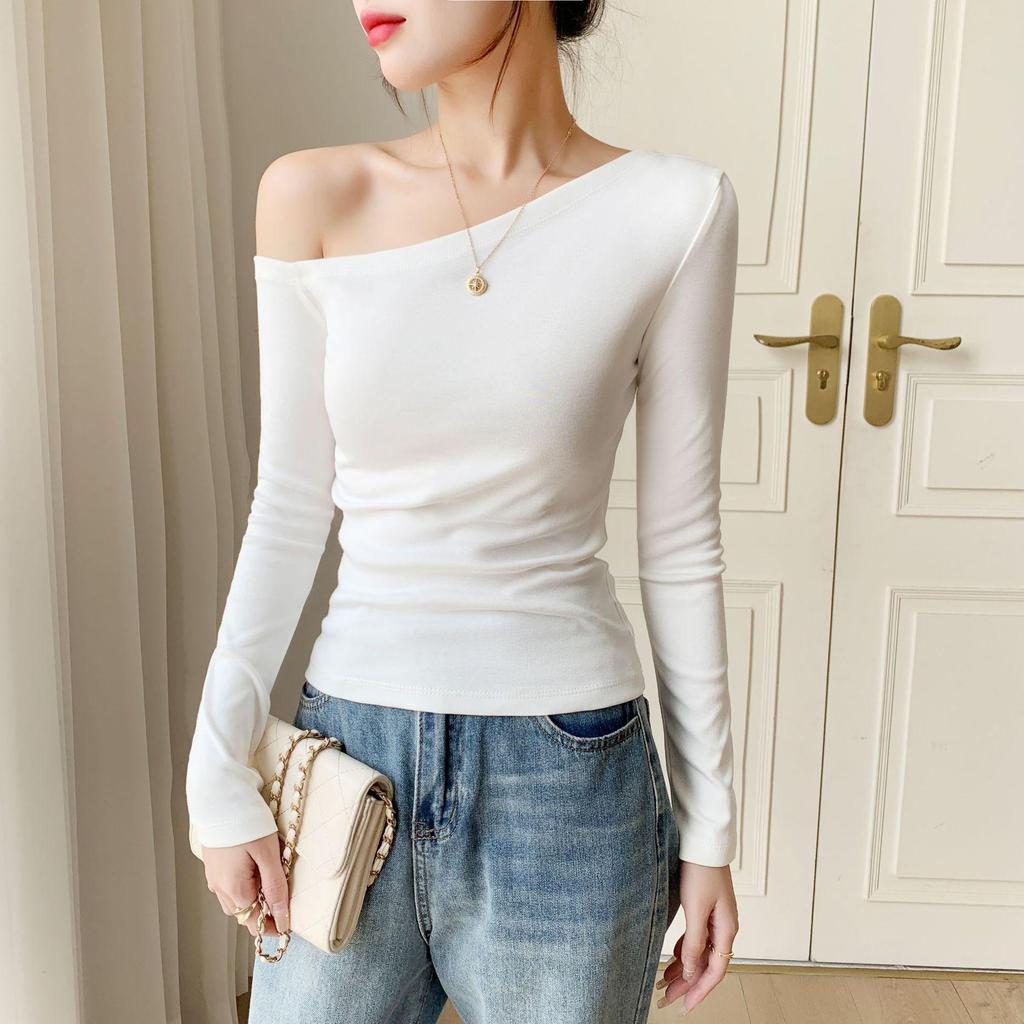 Off-the-Shoulder Ribbed Cotton Slim-Fit Top for Women - Autumn/Winter Collection