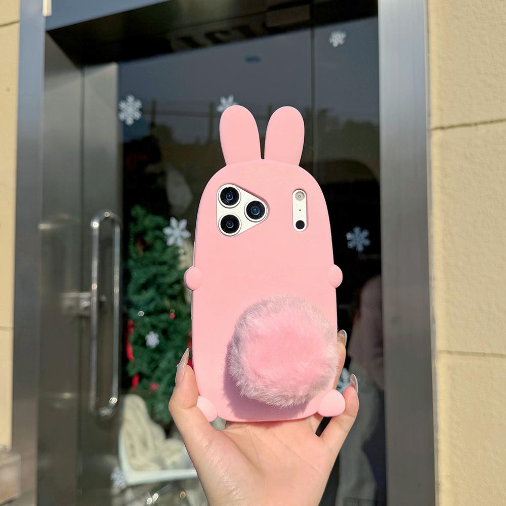 

Cute 3D Bunny Rabbit Bracket Warm Hairball Tail Soft Silicone Case For iPhone 17 16 Plus 15 14 13 Pro Max Stand Holder Cover iPhone 15 розовый
