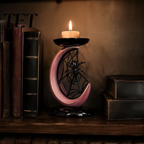 Modern Gothic Home Furnishing Halloween Pink Moon Spider Candle Holder, Sweet Dark Aesthetic Tray for Resin Pillar Base Candles, Tabletop Decor Window