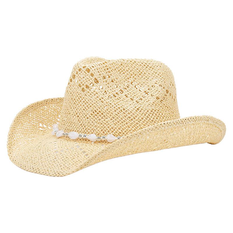 Women Cowboy Hat Unisex Hollow Out Summer Solid Color Curled Edge Strap Jazz Hat Decorative Vintage Braided Lafite Straw Hat