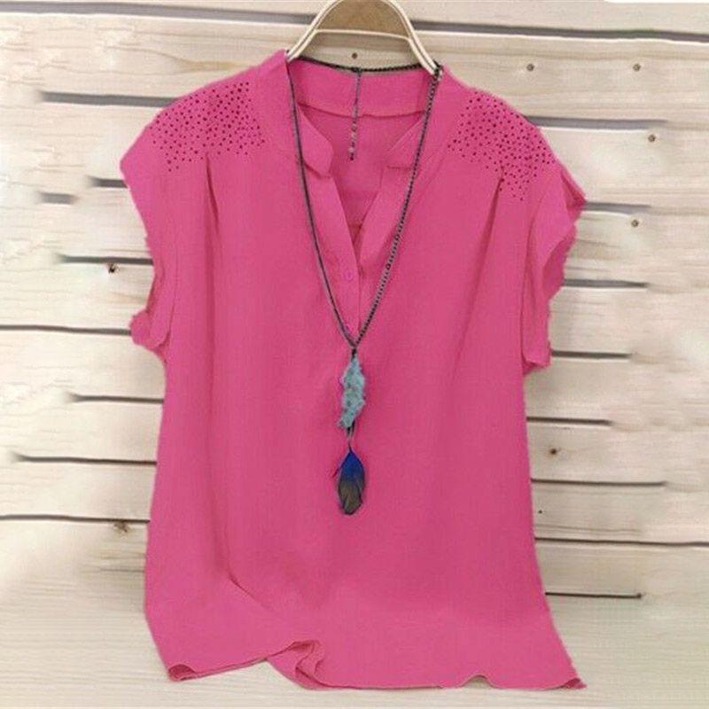 Elegant Womens Summer Button V Neck Short Sleeve T Shirt For Plus Size Ladies