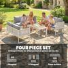 6 Seater Metal Garden Furniture Corner Sofa Set with 3 Loveseats, Faux Wood Table, Texteline Seat, Cushions, White