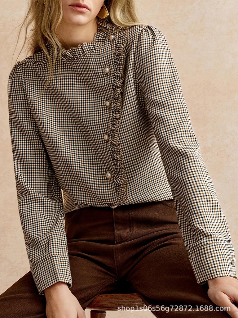 Houndstooth Ruffle Stand Collar Side-Opening Shirt for Commuting and Parties