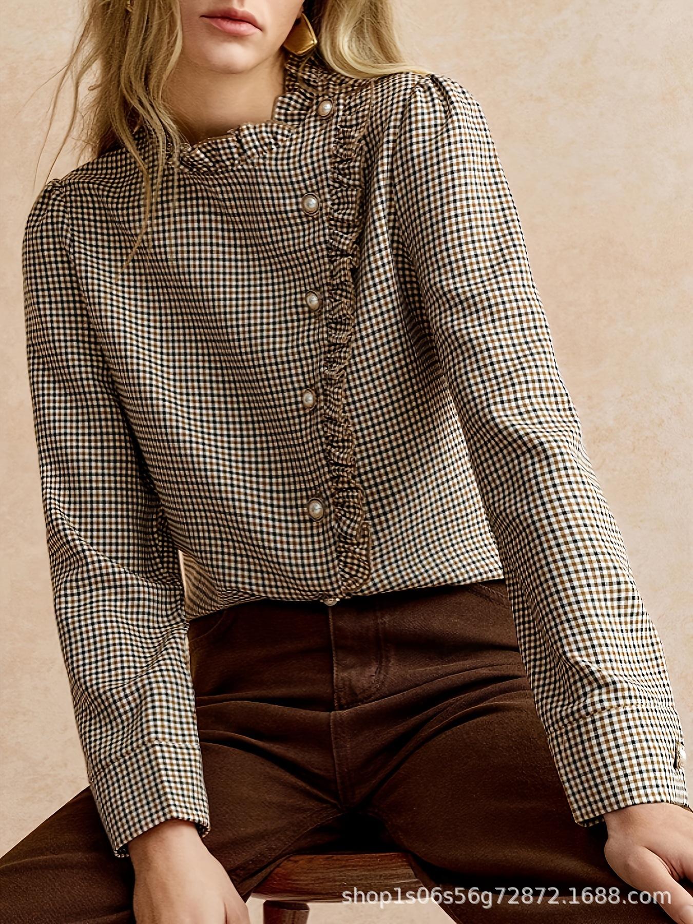 

Рубашка с воротником-стойкой с рюшами и боковой застежкой в клетку «гусиная лапка» для офиса и вечеринок L хаки