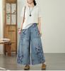 Plus Size Thin Vintage Floral High Waist Casual Loose Women Summer Jeans Denim Wide Leg Pants