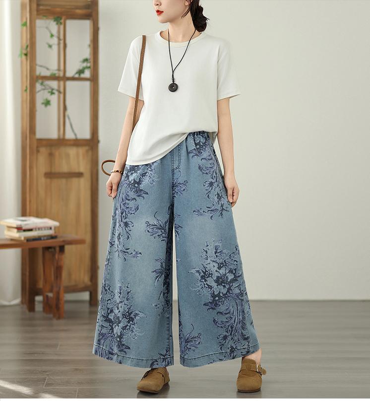 Plus Size Thin Vintage Floral High Waist Casual Loose Women Summer Jeans Denim Wide Leg Pants