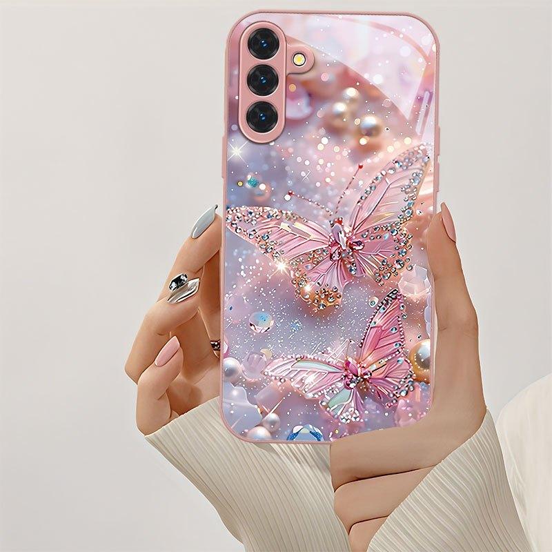 Pink Diamond Studded Butterfly Glass Phone Case Suitable for Samsung Galaxy S26 S25 S24 S23 S22 S21 S20 FE/Ultra/Plus Anti Drop