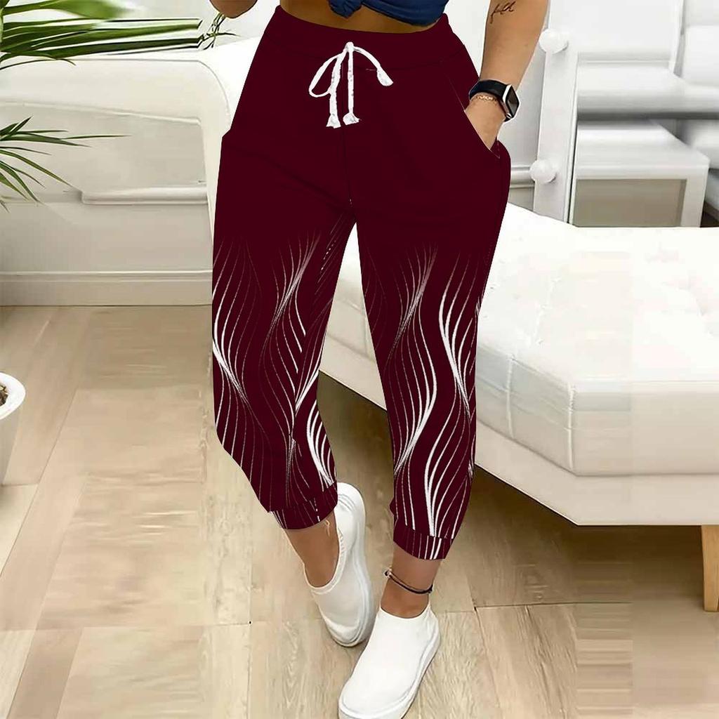 Summer Ladies Vintage Pattern Printed Sweatpants Loose Fit Drawstring Joggers Elastic Cuff Daily Casual Pants