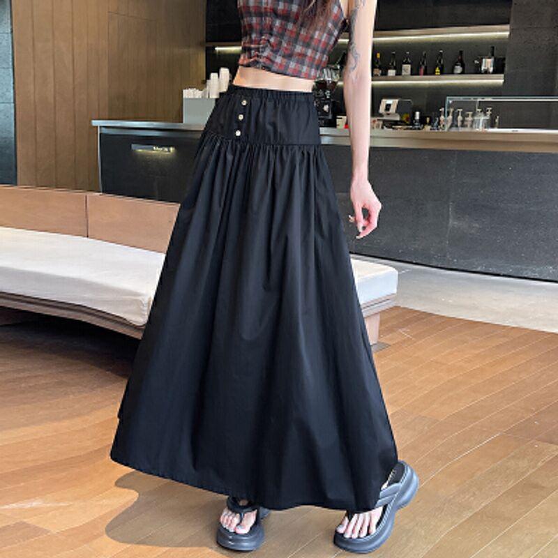 

Fall Sweet New Arrival K-style Artsy White Lined Three-Button A- line High Waist Cover Skirt Long Skirt for Women Black XL(Large size)