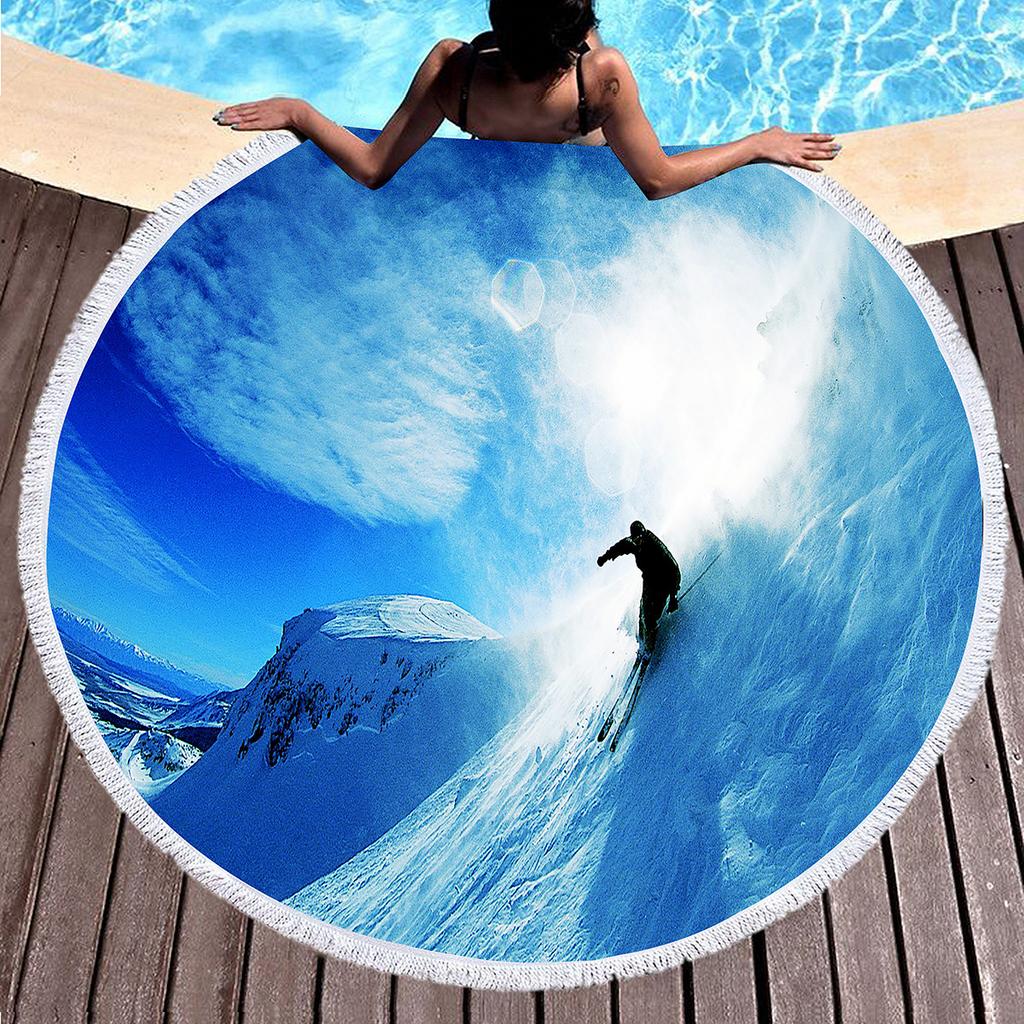 Ski Round Beach Towel, Extreme Sports Theme Beach Blanket Comfortable Absorbent Quick Dry Snow Mountain Print Towel Picnic Mat