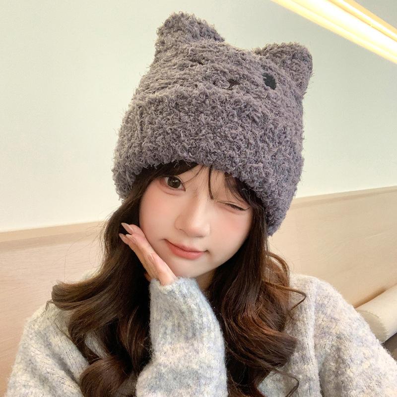 

Корейская новая осенне-зимняя шапка для женщин, милая плюшевая вязаная шерстяная шапка с медведем для зимы, теплая шапка с защитой ушей, толстая One Size