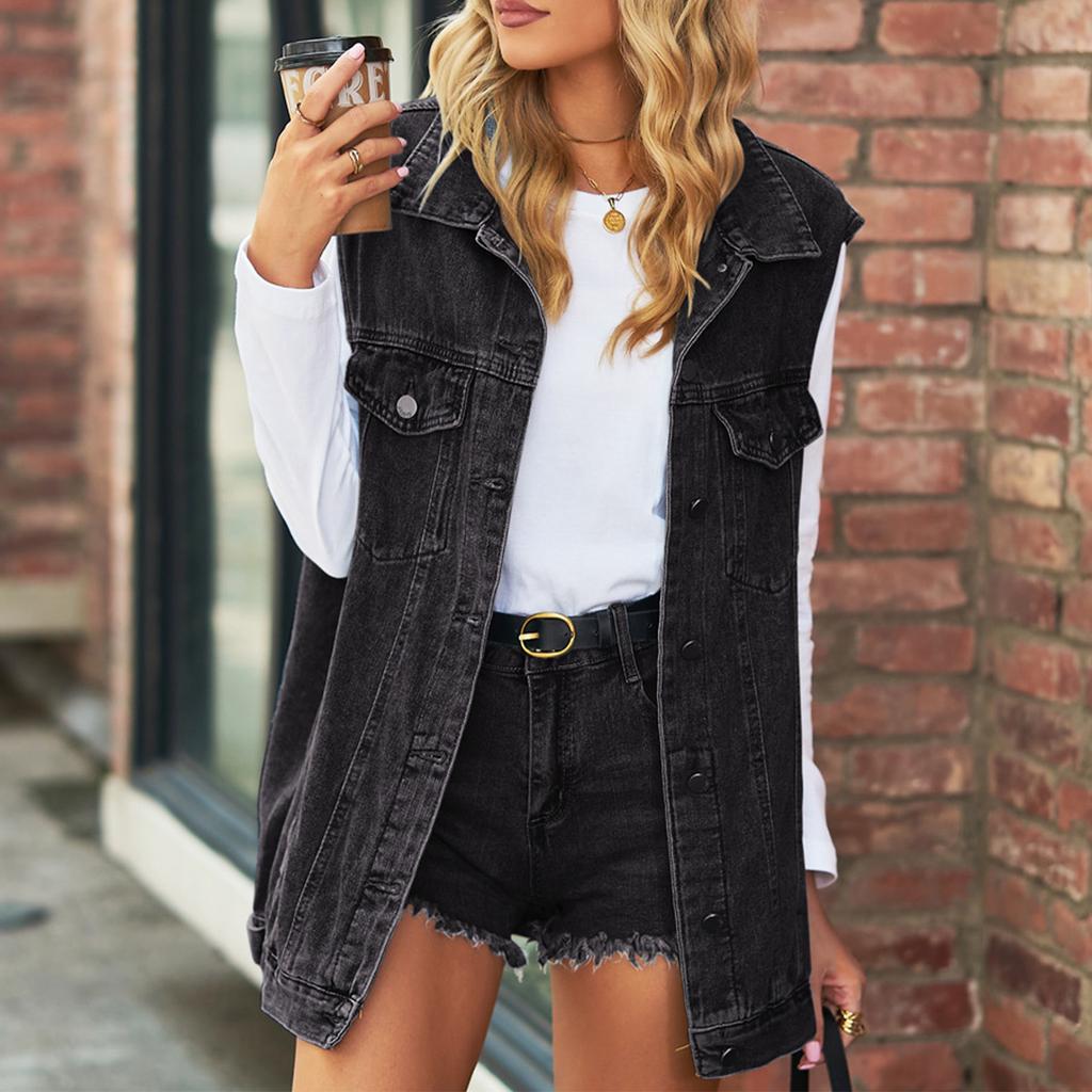 Sleeveless Jacket Vest Vintage Single Breasted Distressed Classic Turn Down Collar Vest with Pockets Jacket Black S