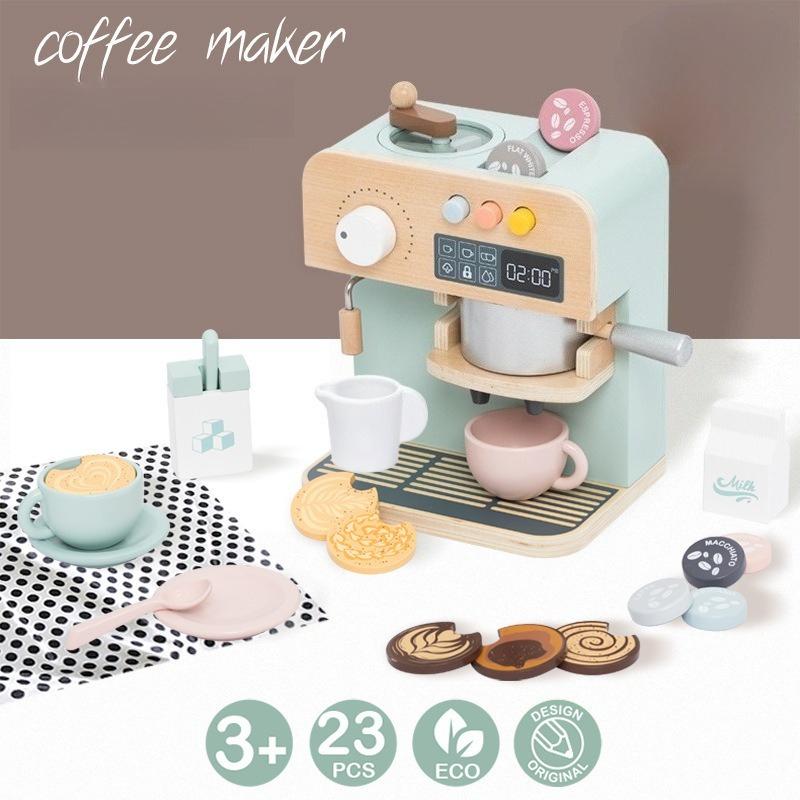 23Pcs Children Playhouse Wooden Simulation Coffee Maker Kitchen Toy Set Kids Montessori Educational Coffee Machine Puzzle Toy