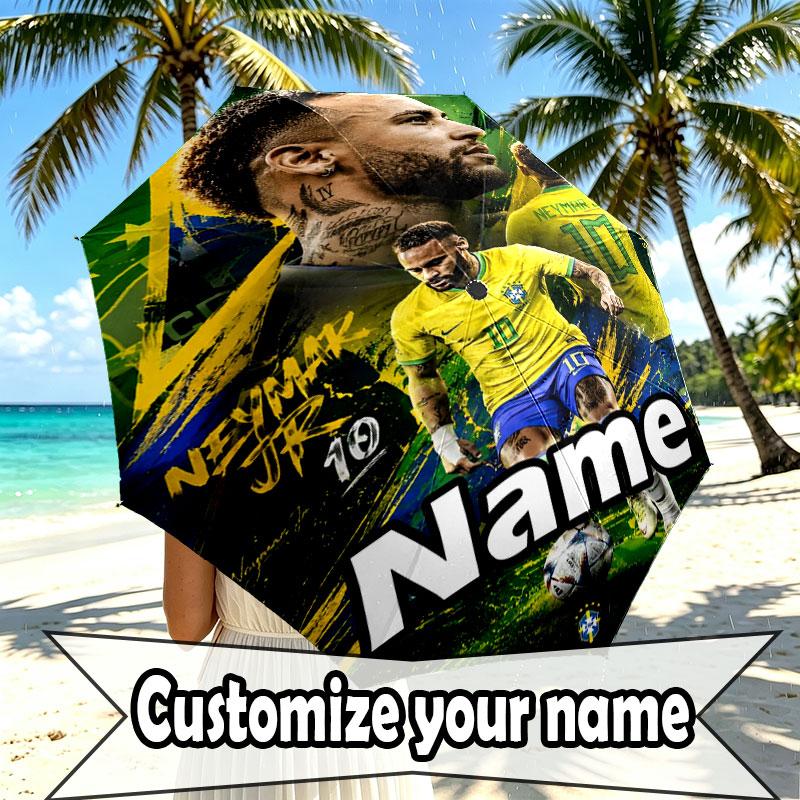 Custom Name Personalized Neymar Jr Print Umbrella, Auto Open Close, 8‑Rib Sturdy Frame, Commute Camping Hiking Use, Birthday Gift