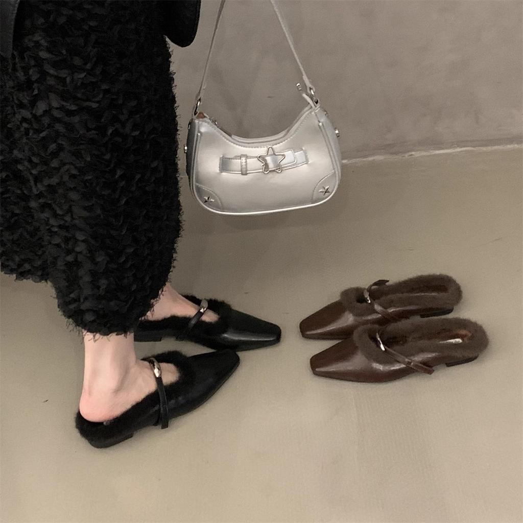 Evening Wind Gentle Velvet Bag Head Half Drag Women's Shoes Mao Mao Shoes Autumn and Winter Wear Muller Shoes One Pedal Mao Mao Drag Single Shoes