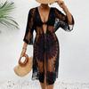 Damskie Czarne Koronkowe Szydełkowane Kimono Cover Up Haft Kwiatowy Przezroczysta Siatka Wiązane w Pasie Odzież Plażowa