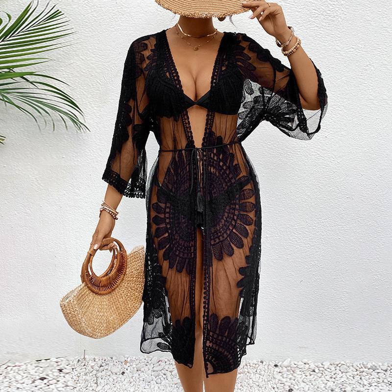 Damskie Czarne Koronkowe Szydełkowane Kimono Cover Up Haft Kwiatowy Przezroczysta Siatka Wiązane w Pasie Odzież Plażowa