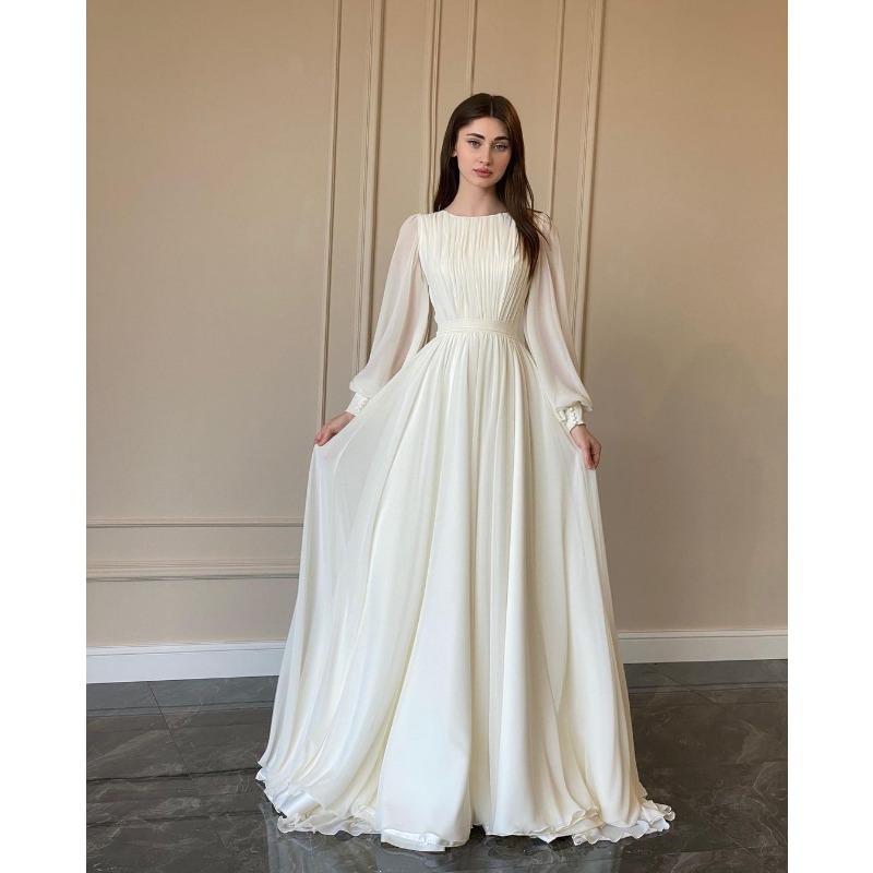 

Весенне-осеннее женское свадебное платье с рукавами-фонариками из жемчужного газа, белое платье с круглым вырезом и длинными рукавами S белый