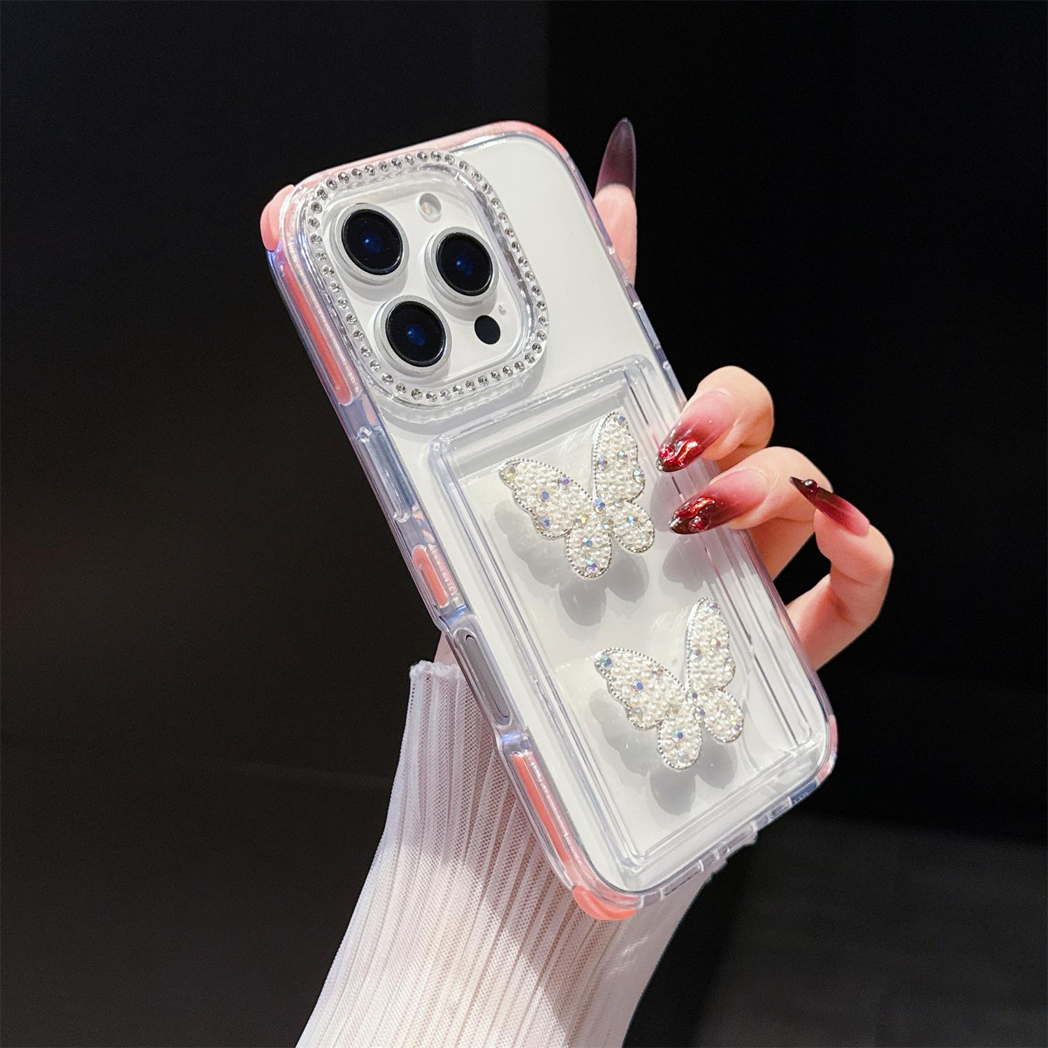 

For iPhone 16 Pro Case Rhinestone Decor TPU+PC Phone Cover with Butterfly Card Holder Pink
