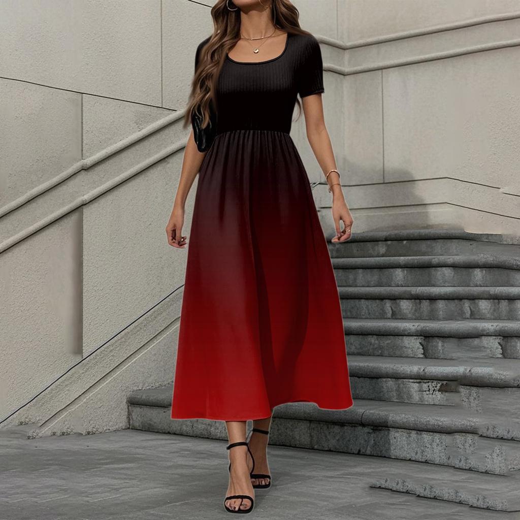 Women's Fashion Casual Short Sleeve Round Neck Splicing Gradient Elegant Temperament Dress