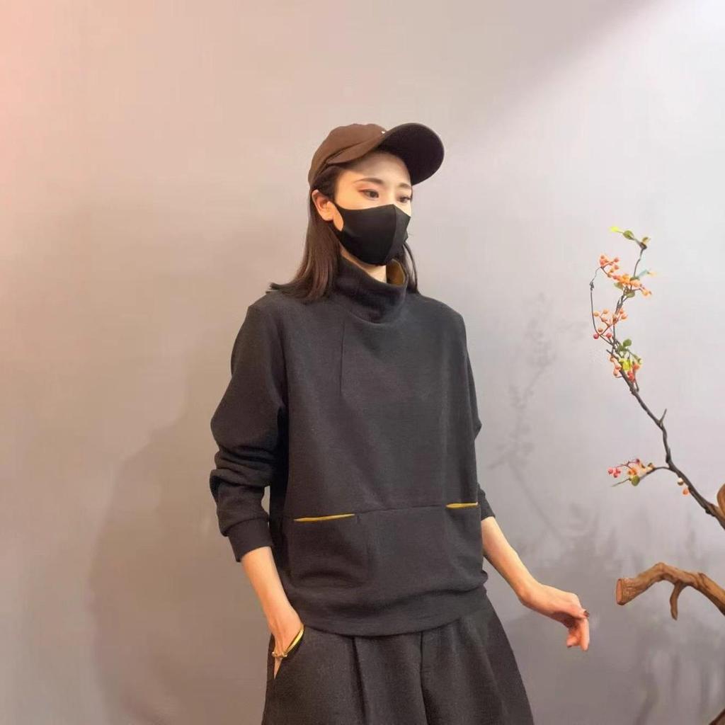 2025 Winter Velvet Color Block High Neck Warm Hoodie with Double Pockets for Women