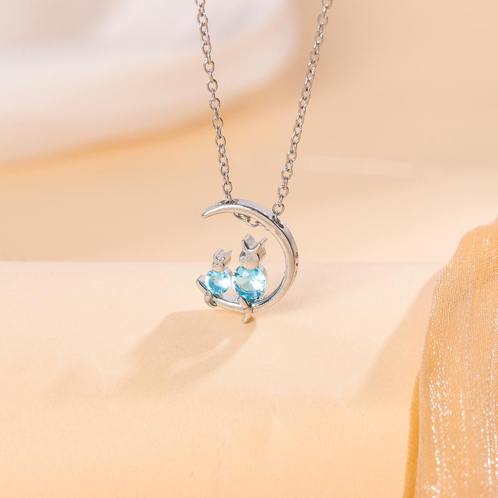 Fashion Simple 925 Sterling Silver Personality Blue Crystal Moon Cat Sweet Necklaces XL041