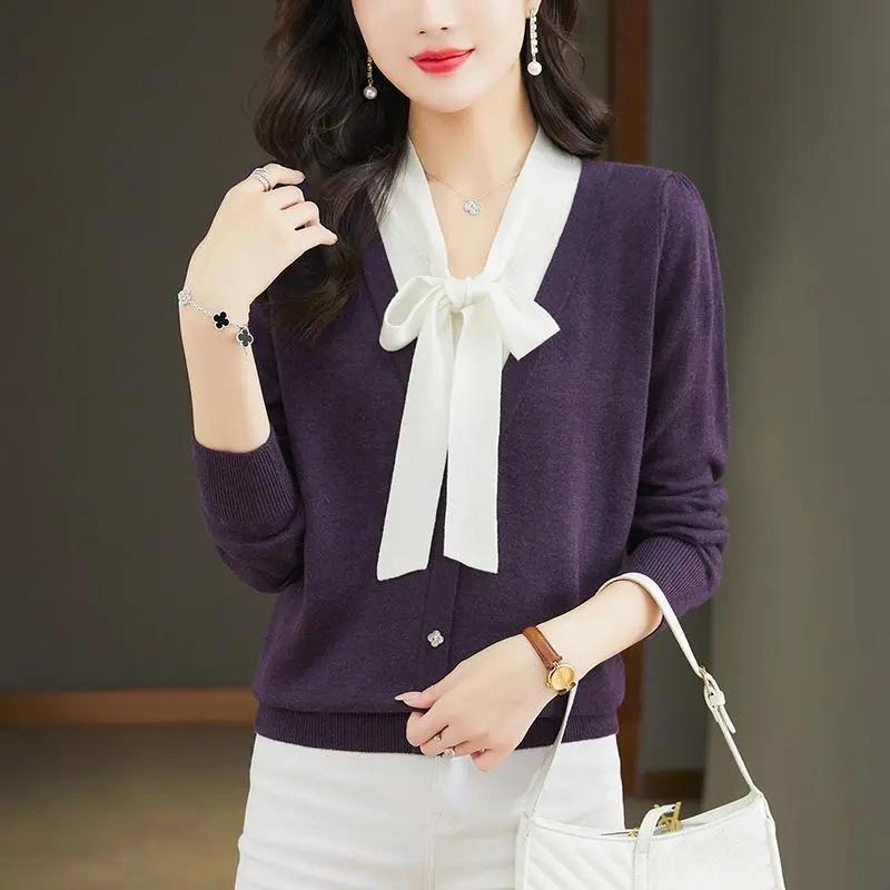 V-neck top women's knitted sweater spring and summer new foreign style beautiful sweater thin autumn bow sweater bottoming shirt