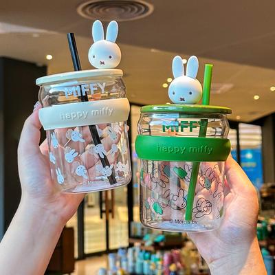 Cute High-value Glass Water Cup Boys and Girls High-value Straw Cup with Lid Birthday Gift
