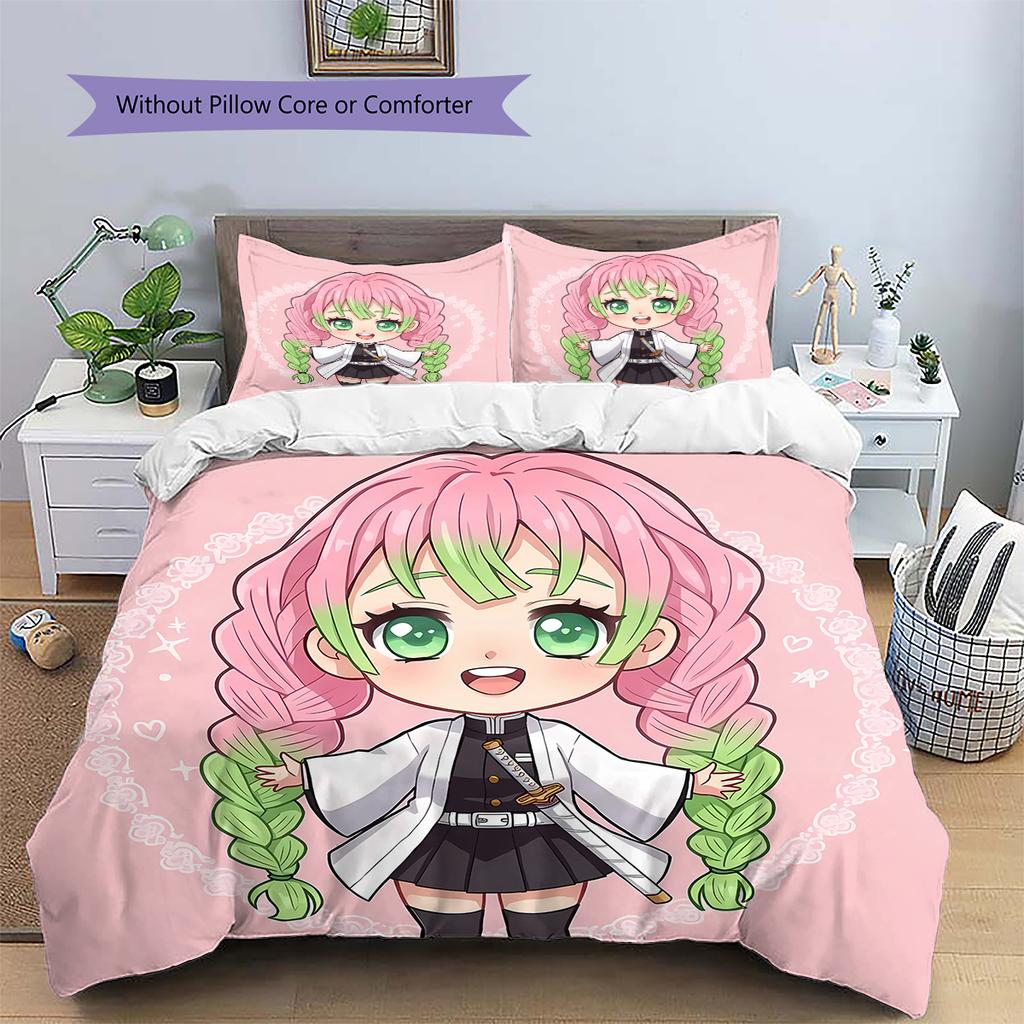 Demon Slayer Pattern Bedding,Quilt Set Quilt Cover Pillowcase Home Birthday Gift (1 * Duvet Cover + 2 * Pillowcase, Without Core)