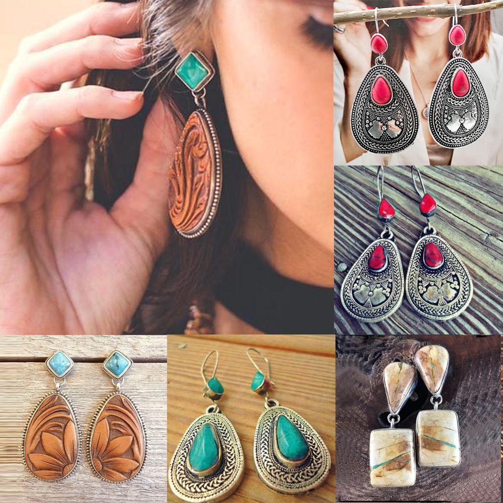 

Ювелирные изделия Тибетский Бохо Натуральный Камень Серьги Бирюзовые Висячие Серьги Крючок Ушные Гвоздики Драгоценный Камень