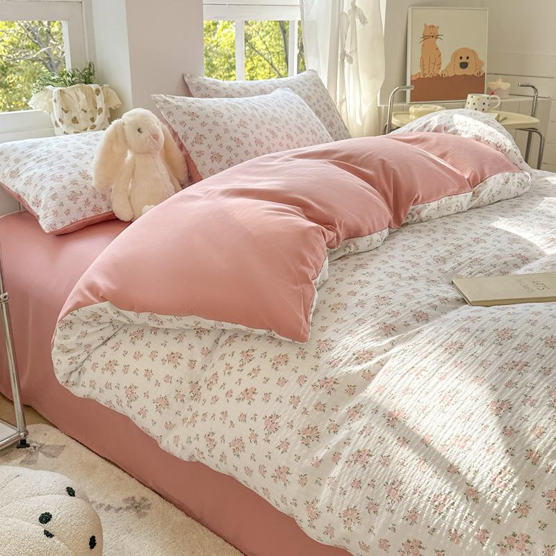 A-Class Double-Layer Yarn Floral Bedding Set Bubble Cotton Skin Friendly Summer Duvet Cover Sets Ins Soft Bed Linens for Home