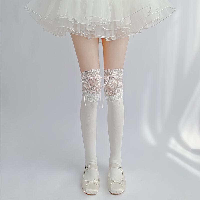 Lolita White Lace Bow Over-the-Knee Velvet Socks