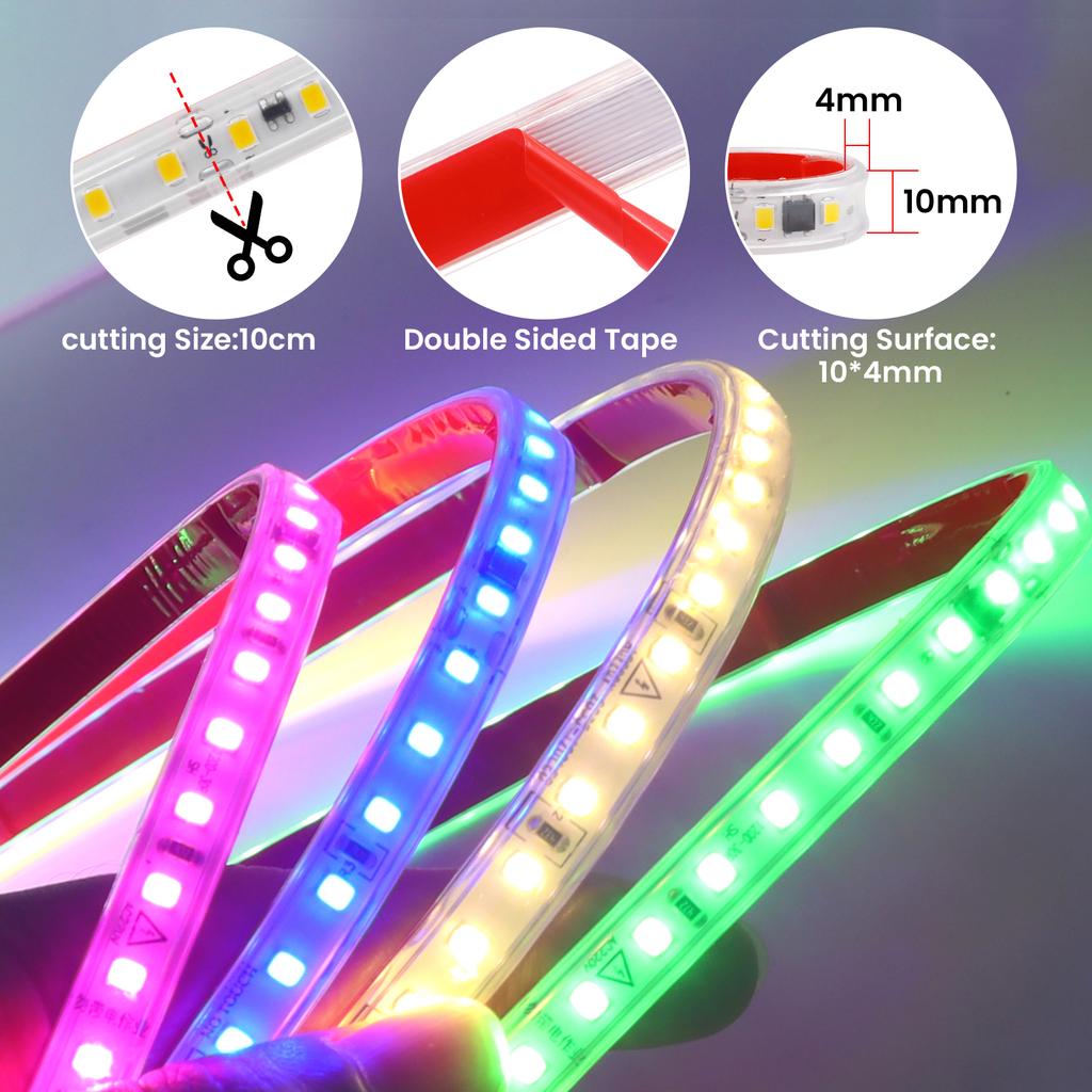 AC220V LED Strip Lights EU UK Plug SMD2835 120LEDs/m Waterproof Lamp With Adhesive Tape Warm/Natural/Cool White Red Blue Yellow
