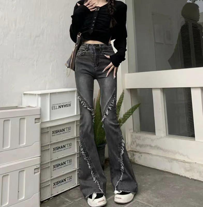 

Женские джинсы с высокой посадкой в стиле ретро, микро-клеш, с необработанным краем и дизайном «подкова» для весны и осени XXL