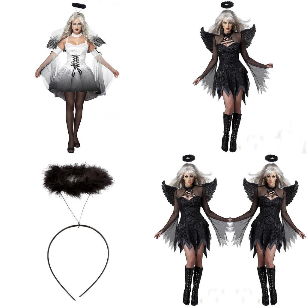 Stunning Halloween Women's Dark Angel Costume With Detachable Feather Wings And Plunging Neckline