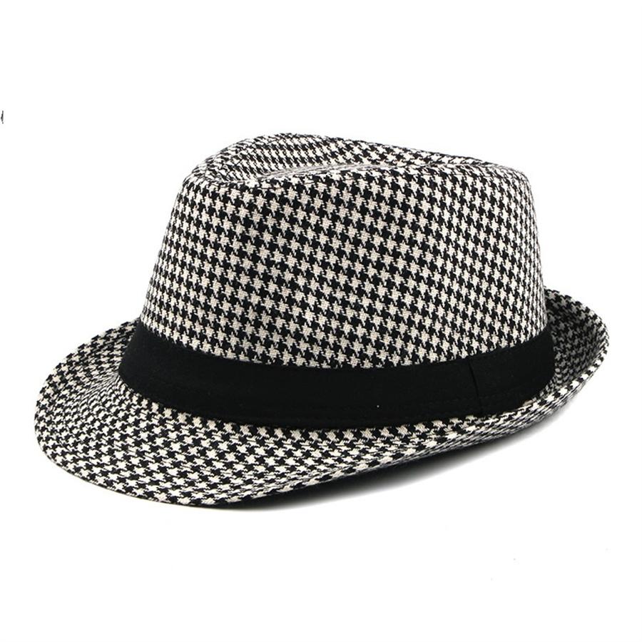 Frühling Sommer Neu Vintage Karierter Zylinder Herren Mittelalterliche und Ältere Wollener Gentlemanhut Jazzhut schwarz weiße