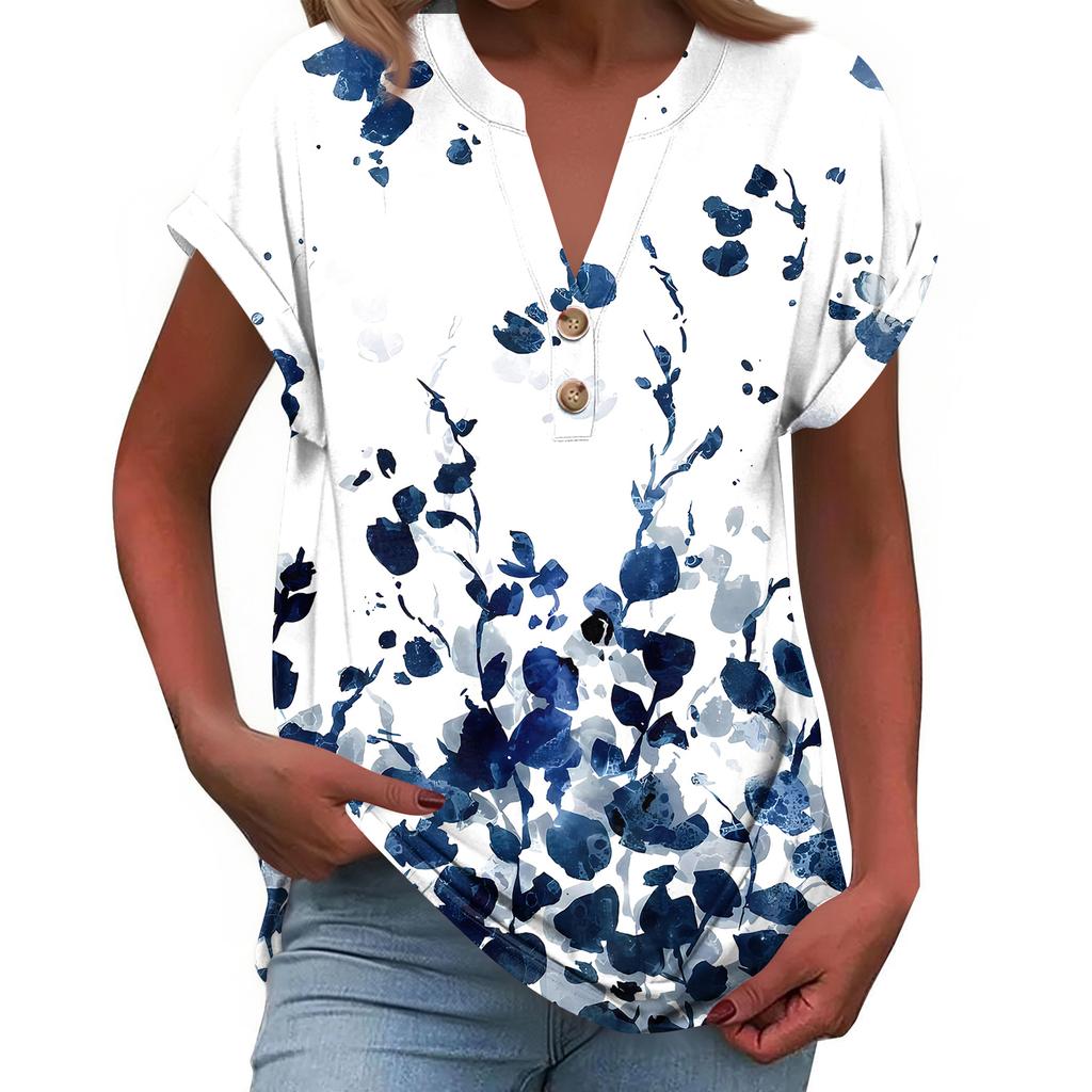 Women's Fashionable Casual Loose-Fit Short-Sleeved Button-Up V-Neck Printed T-Shirt Top