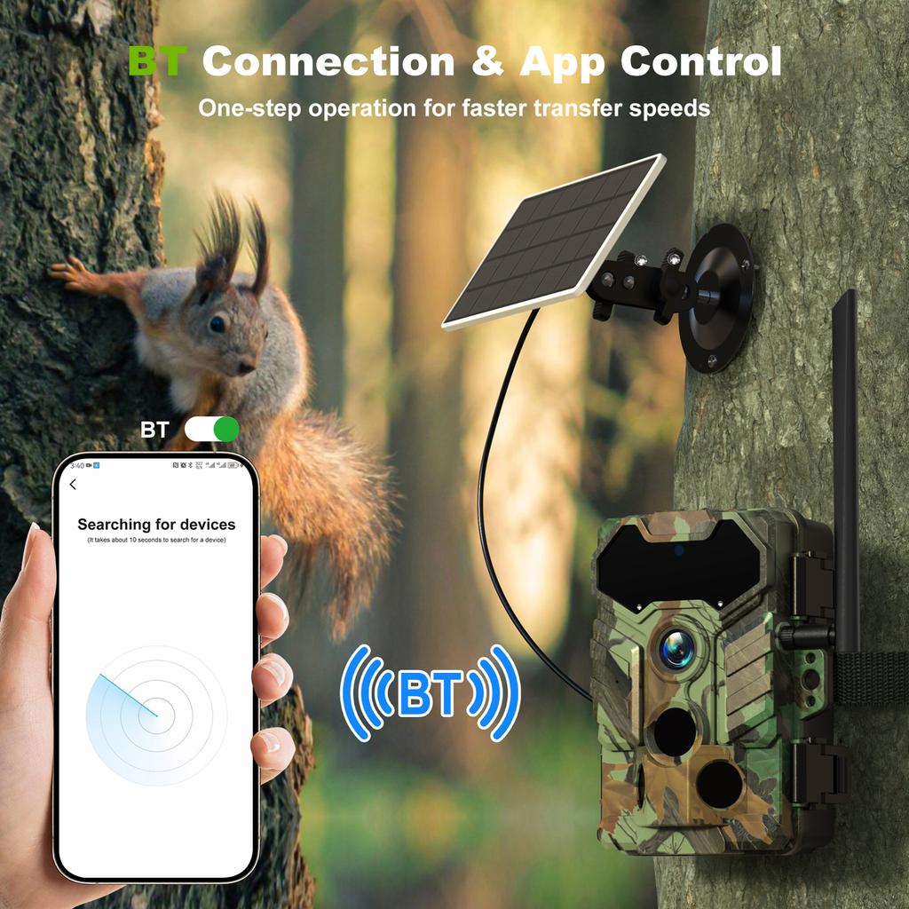 Outdoor-Kamera, kabellos, solarbetrieben, Jagdkamera, 32 MP, BT, Infrarot, 4G, SIM-Karte, BT Quick Connect